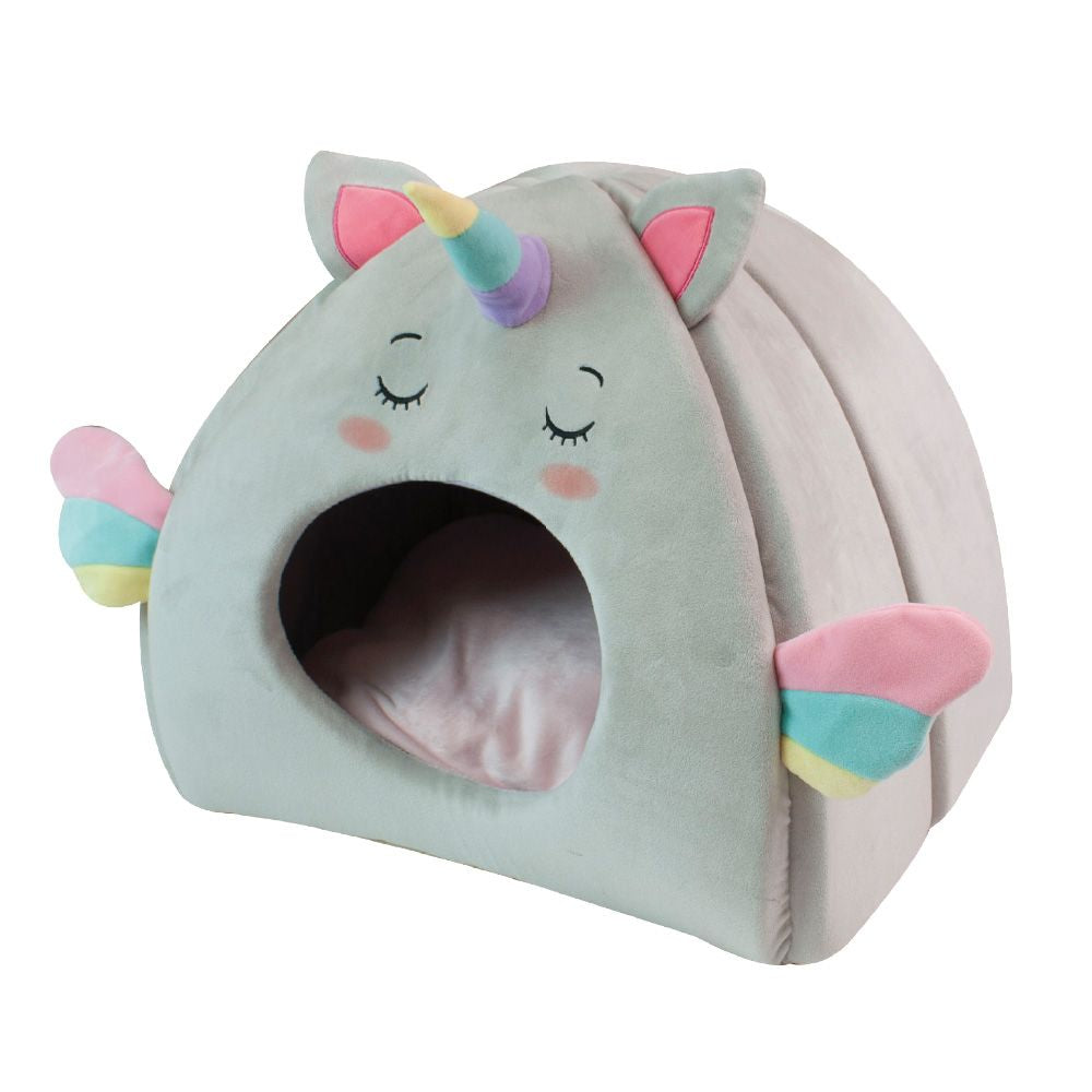 Cama para mascotas con forma de casa de unicornio esponjosa