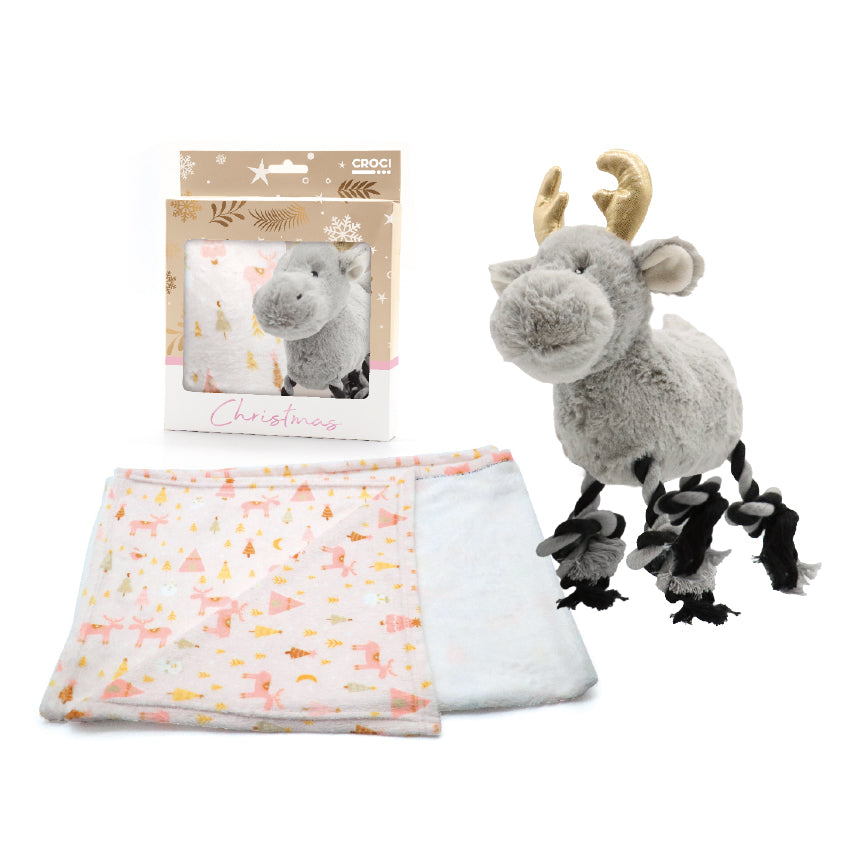 Set regalo cane con coperta morbida e peluche renna con suono