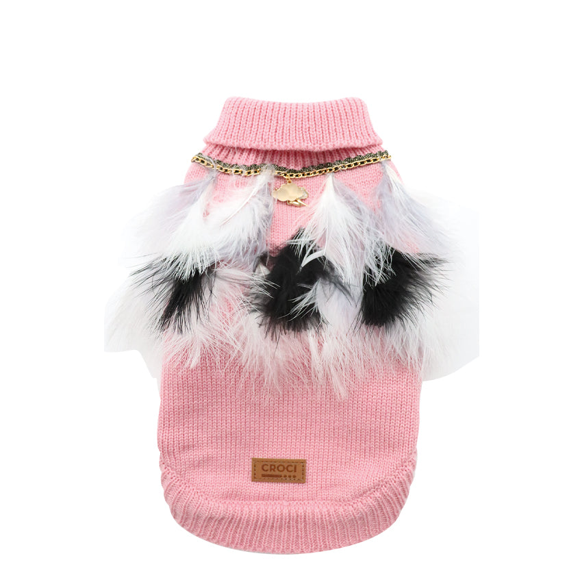 Turtleneck Dog Sweater with Charm and Feathers – Elegance and Comfort