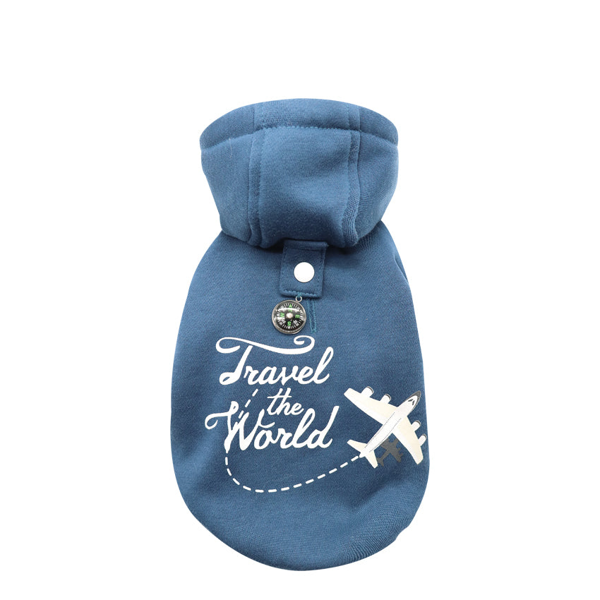 Felpa Globe Trotter per cani elegante, con pendenti a forma di bussola e un cappuccio