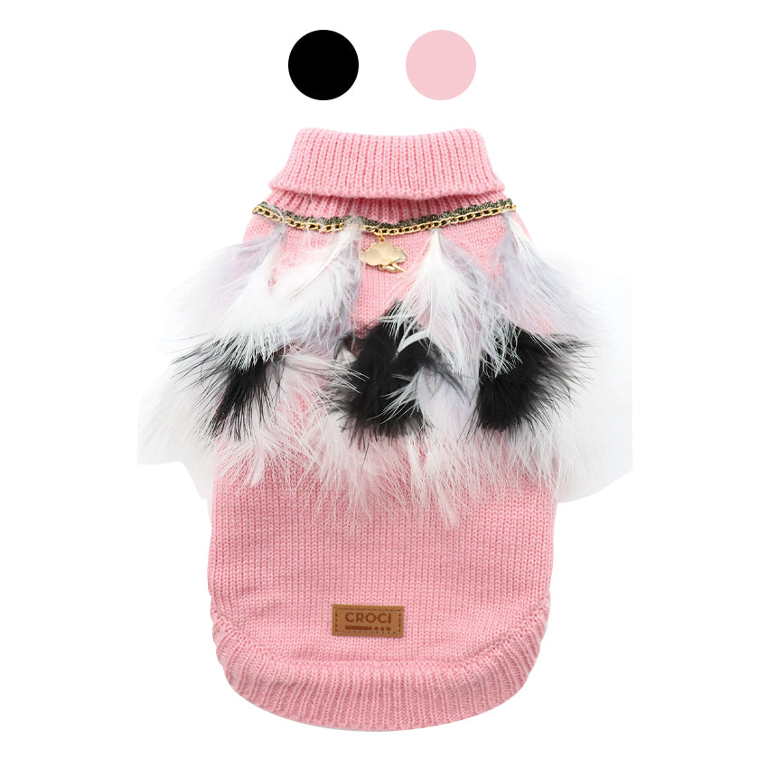 Turtleneck Dog Sweater with Charm and Feathers – Elegance and Comfort