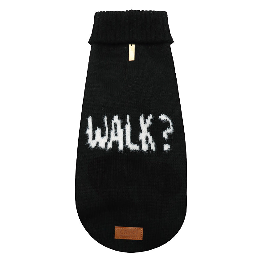 Maglioncino nero per cani in poliestere con scritta Walk e foro guinzaglio