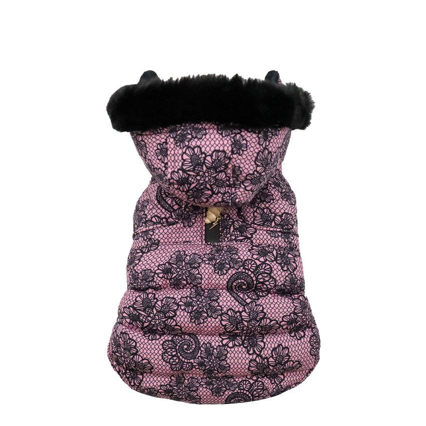 Padded Dog Jacket with High Collar and Jewel Charm - Elegance and Comfort