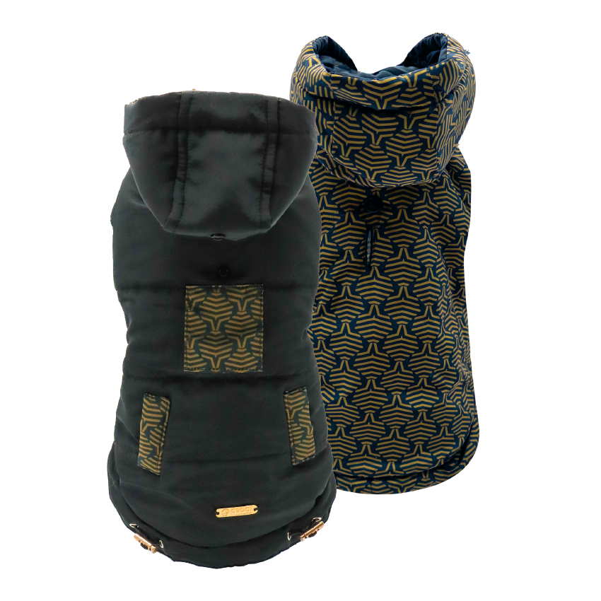 Giubbotto imbottito nero reversibile per cani in poliestere, riflettente e impermeabile