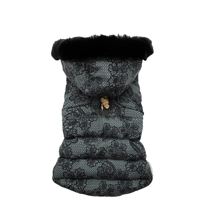 Padded Dog Jacket with High Collar and Jewel Charm - Elegance and Comfort