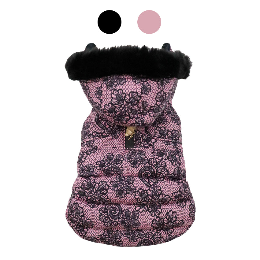 Padded Dog Jacket with High Collar and Jewel Charm - Elegance and Comfort